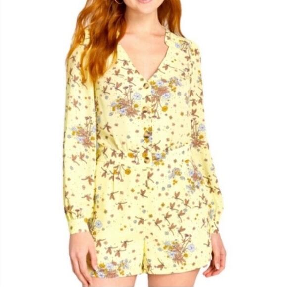 ModCloth Yellow Dragonfly Retro Floral Time To Suit Up Long Sleeve Romper Sz.M - Picture 2 of 15